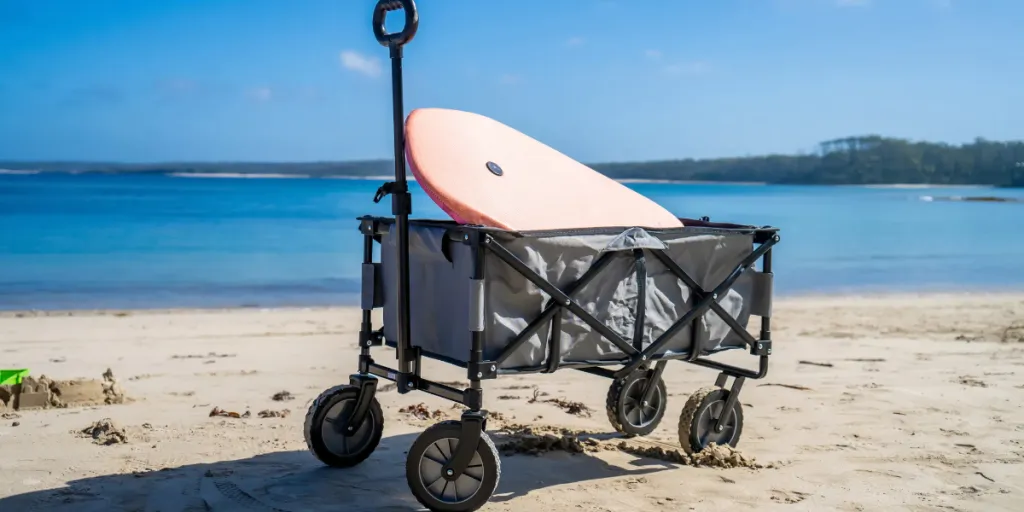 Outdoor beach cart wagon on a sandy beach near the ocean