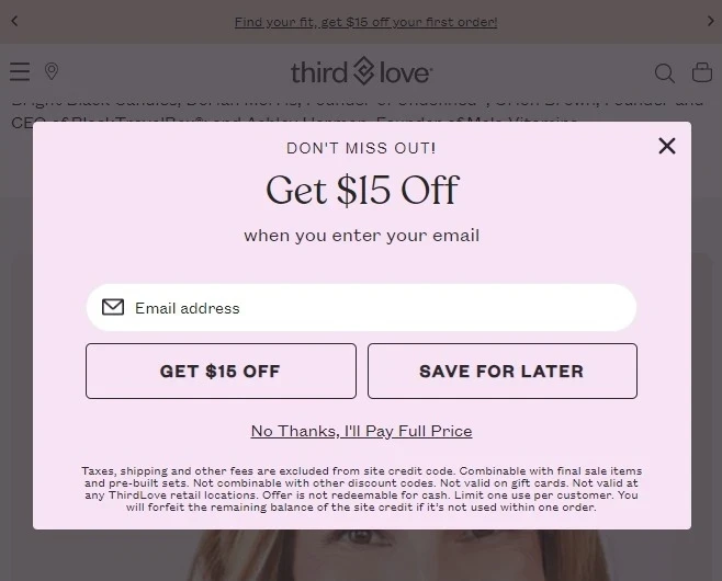 Screenshot of an exit-intent pop-up from Thirdlove’s website