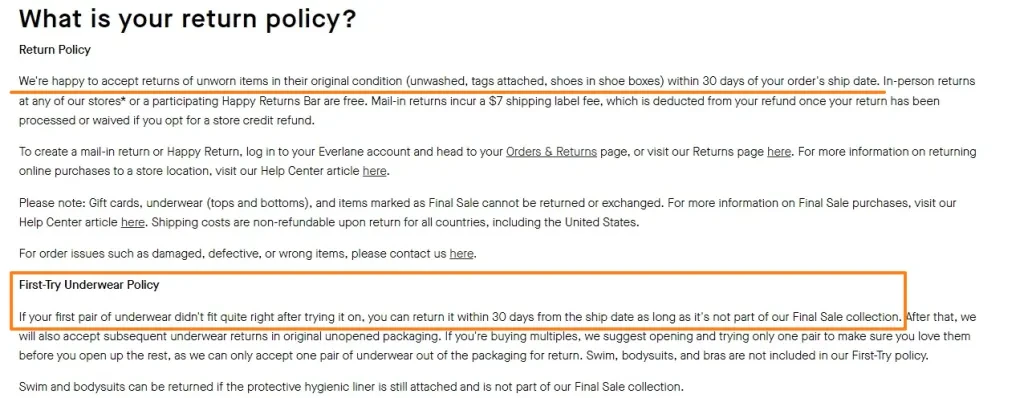 Screenshot of Everlane’s return policy page