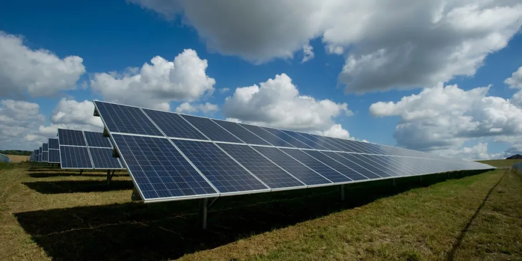نظام تتبع الطاقة الشمسية في الألواح الشمسية في الحقول الخضراء