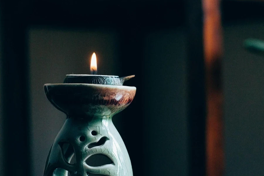 tealight candle in a ceramic holder.