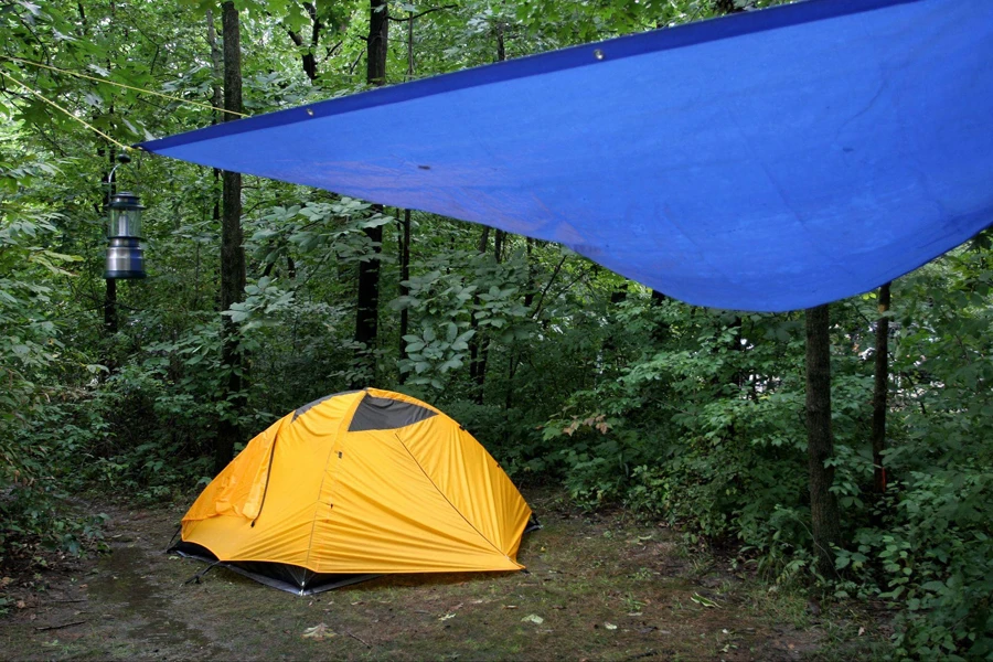 tent with overhanging tarp