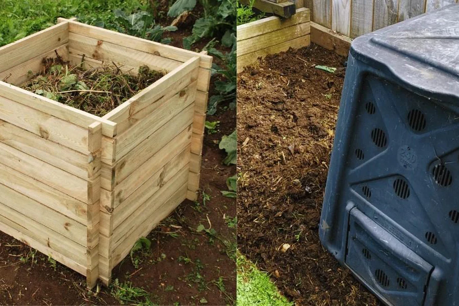 traditional wooden and plastic home composters