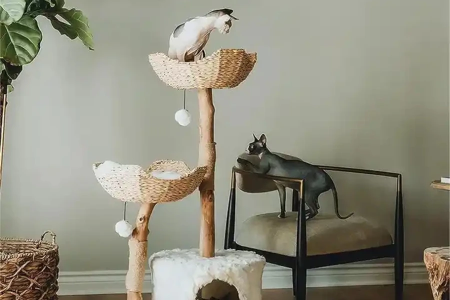 Two-tier cat tree with a scratch pad and sleeping areas