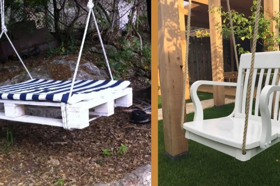 palete branca e cadeira convertidas em balanços de jardim