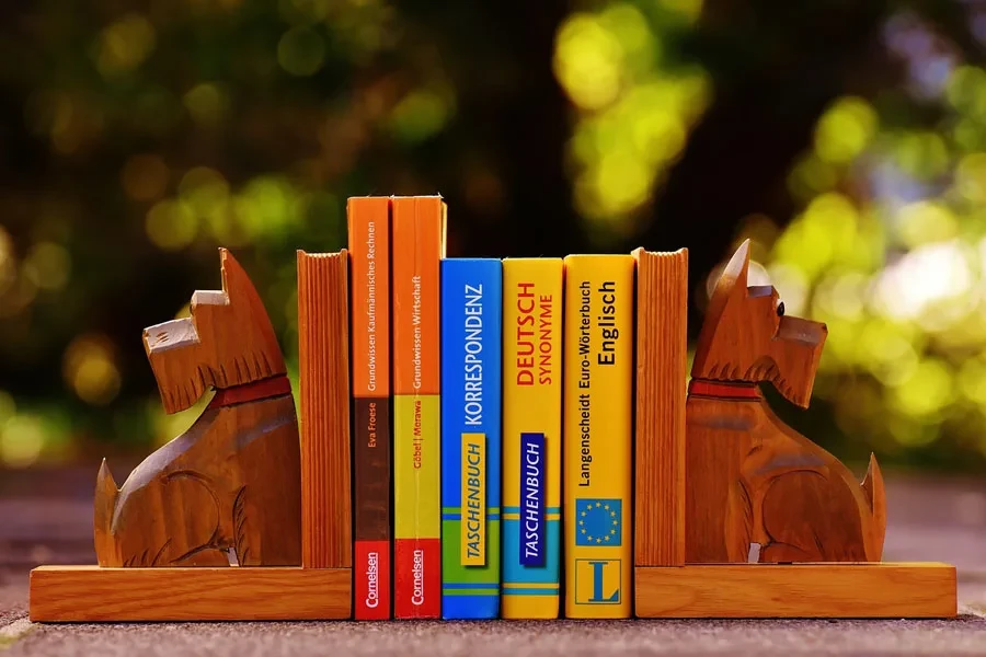  wooden book ends with heavy books in between