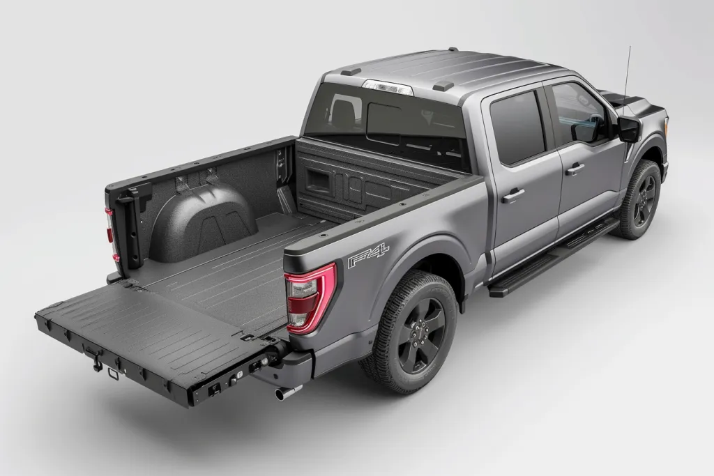 3D rendering of an open truck bed on the back