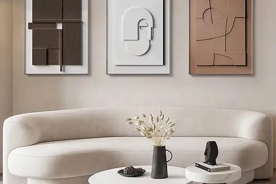 3D textured wall art, sofa, and coffee tables