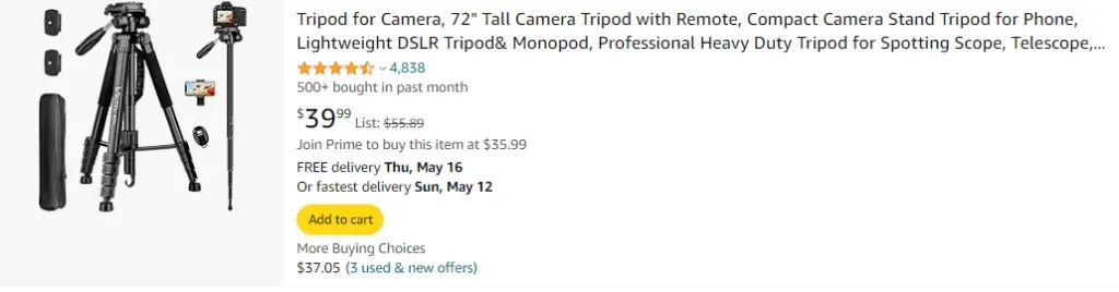 72 Tall Camera Tripod