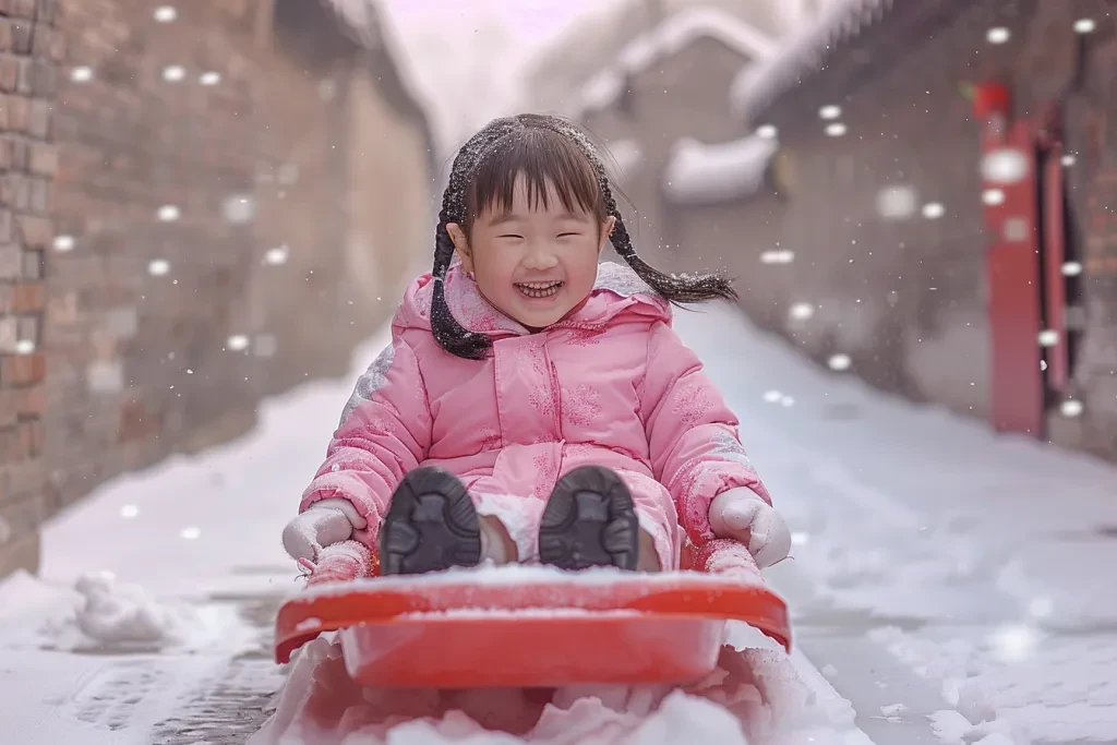 A Chinese child in pink winter is sitting on the red sled