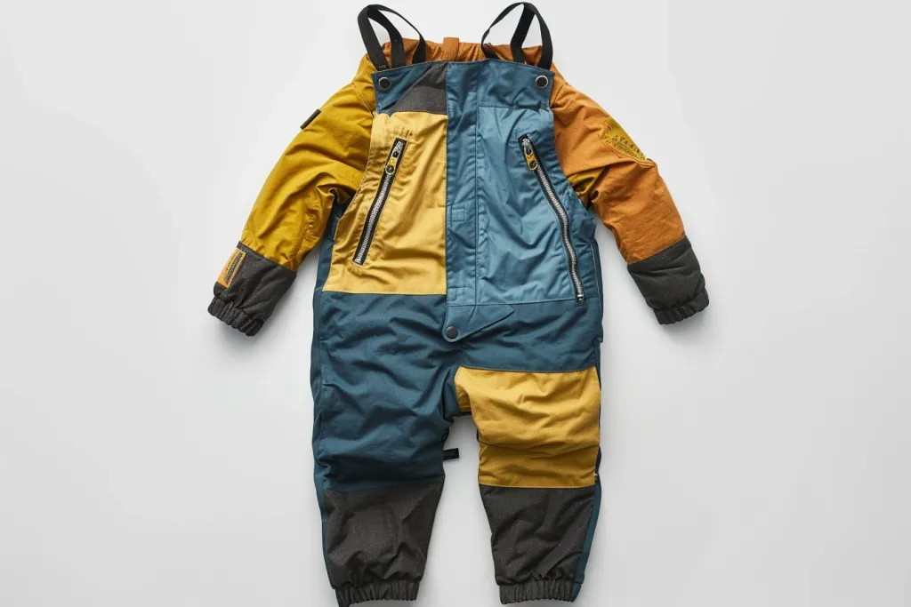 A baby snow overalls in the colors of light blue