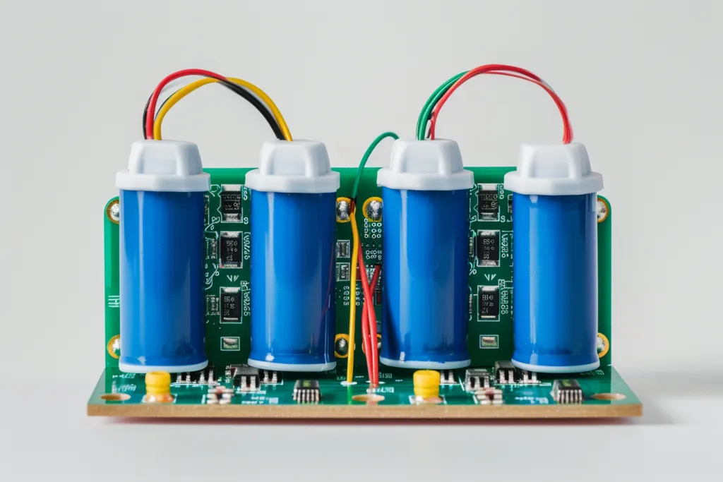 A battery pack consisting of four blue cylindrical soft cells