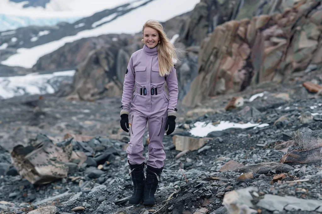 A beautiful blonde woman wearing a lilac jumpsuit