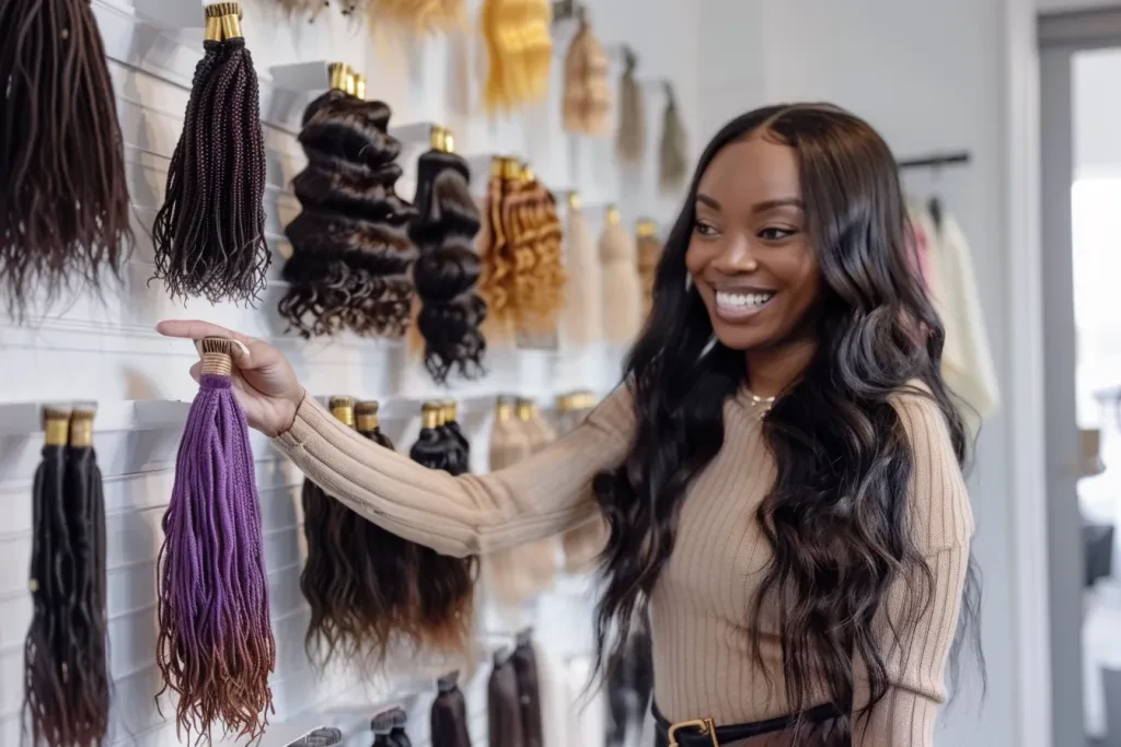 A beautiful woman with long hair is smiling and pointing at different styled curly human hair extensions that hang on display in her white modern salon