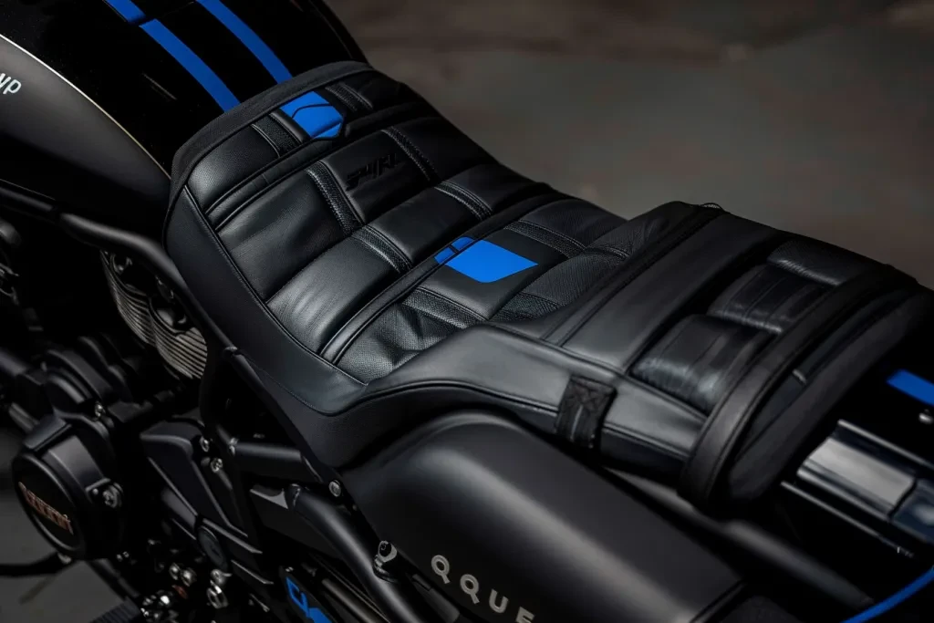 A black and blue motorcycle seat cover