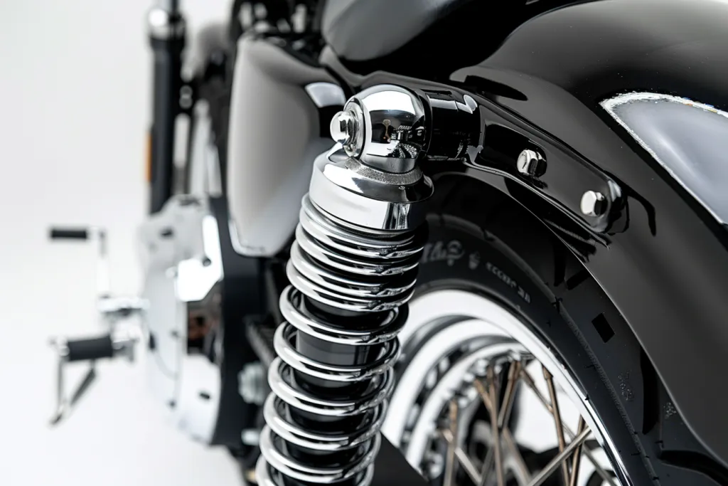 A black and chrome motorcycle shock dusty white background