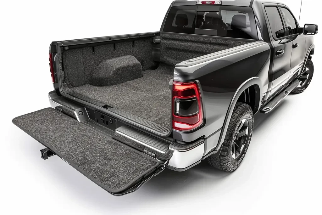 A black and grey truck bed rug with the tailgate open