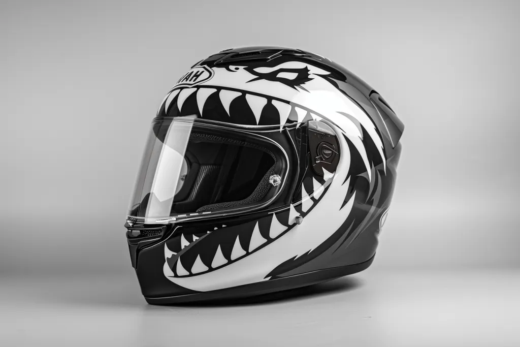 A black and white full face motorcycle helmet with an angry shark design on the side