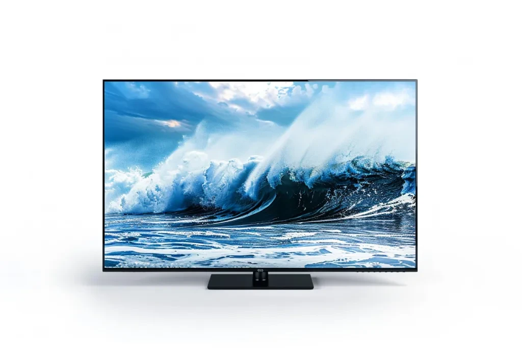 A black flat screen television with an ocean wave pattern on the frame