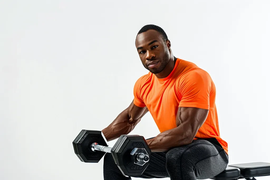 A black man in an orange shirt and dark pants is sitting on a bench