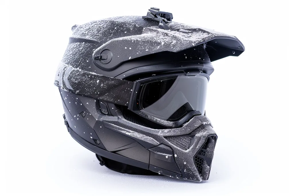A black matte helmet with clear goggles