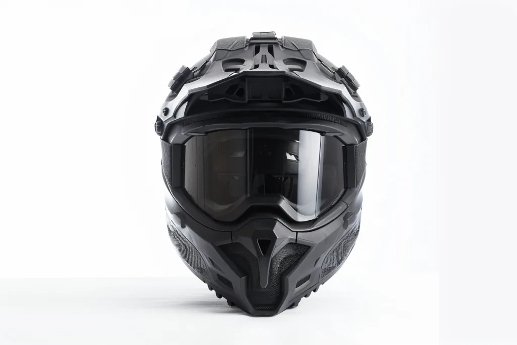 A black matte helmet with clear visor and goggles