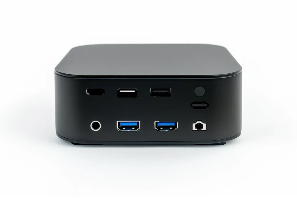 A black mini PC with two USB ports on the front