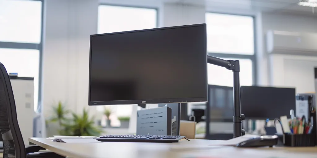 A black monitor arm is mounted to the top of an office desk