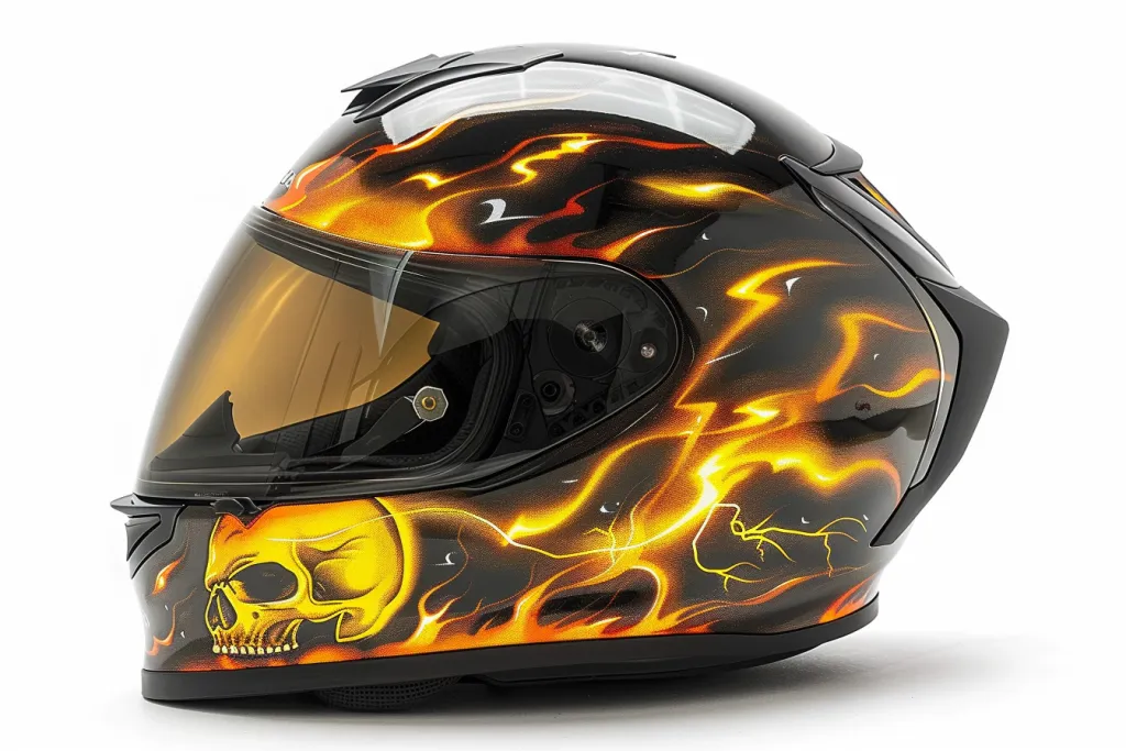A black motorcycle helmet with flames painted on the side