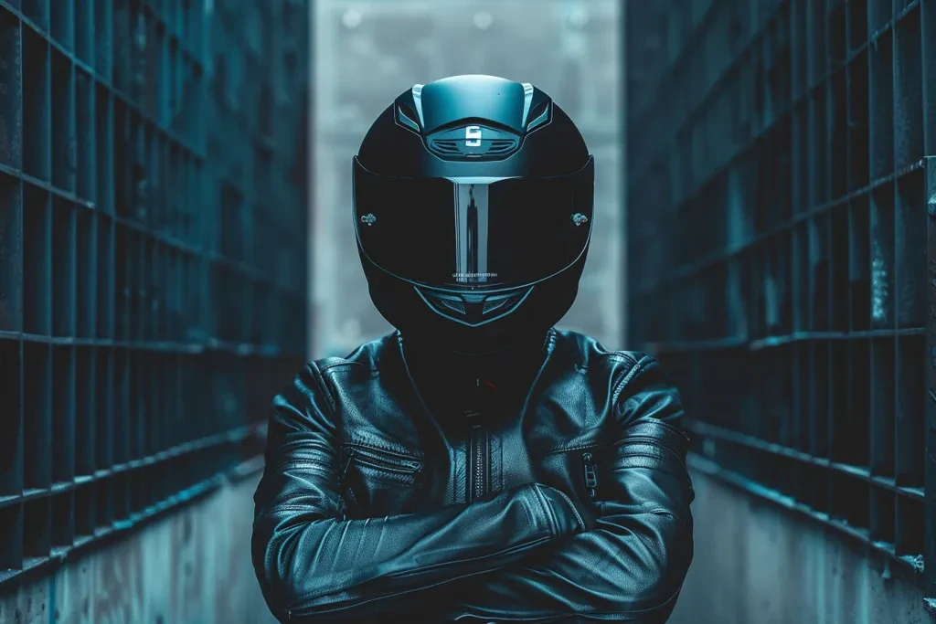 A black motorcycle helmet with no visor is on the head of an athletic