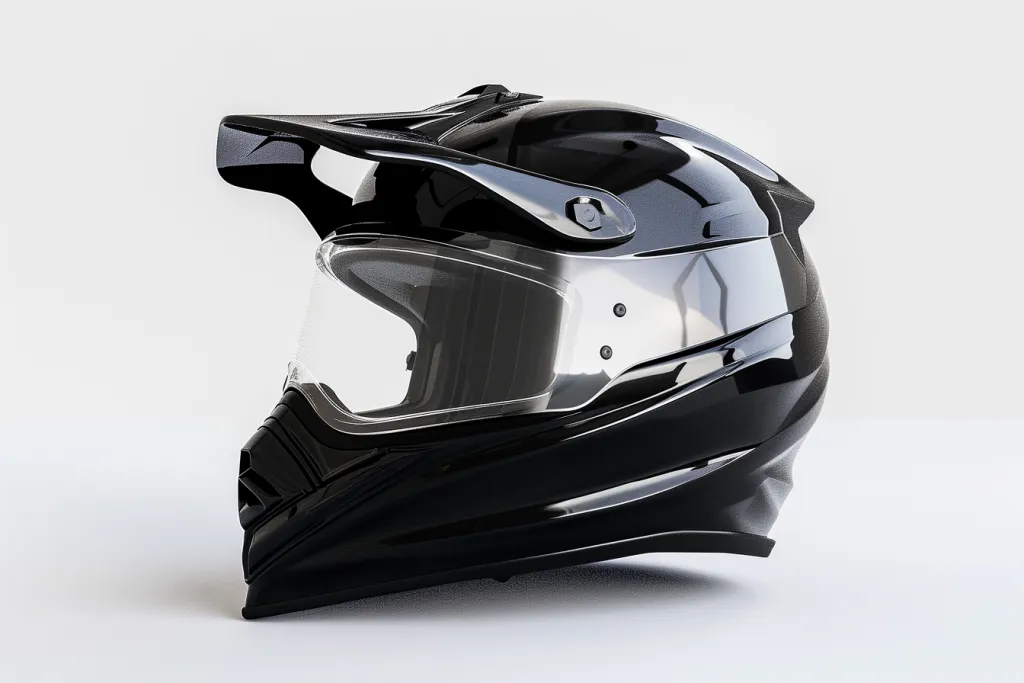 A black off-road motorcycle helmet with a clear visor