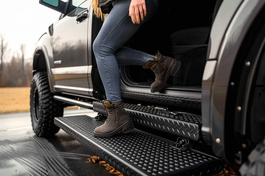 A black plastic step with northern lights design and rubber tires on the side of an off-road truck