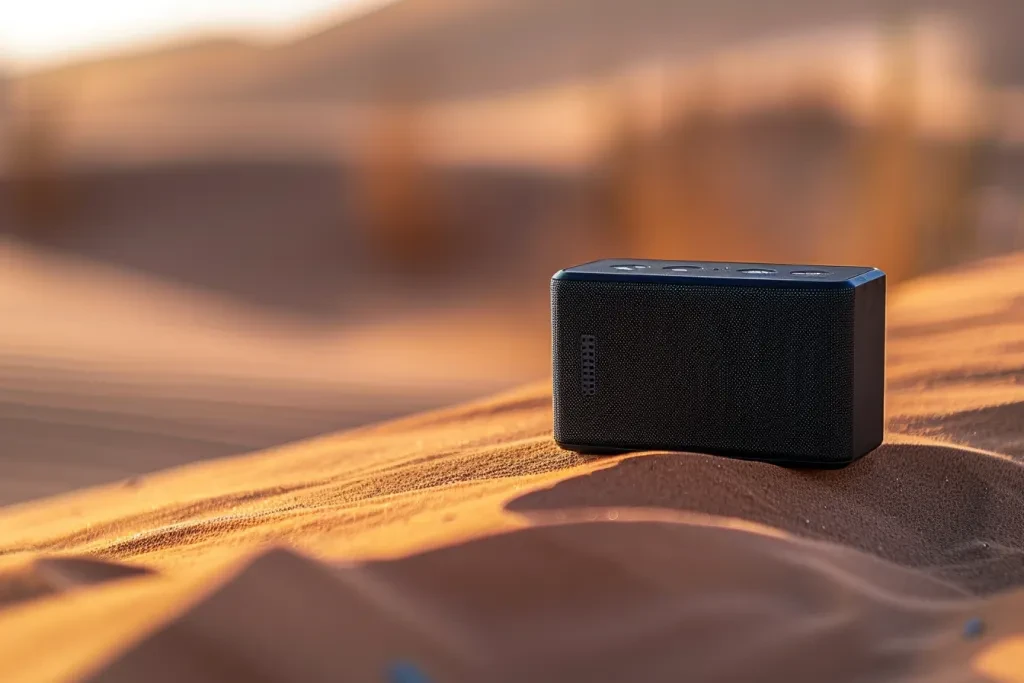 A black rectangular small speaker with touch buttons on top