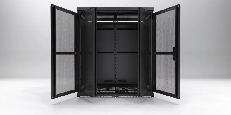 A black server cabinet with its door open and an empty white background behind it