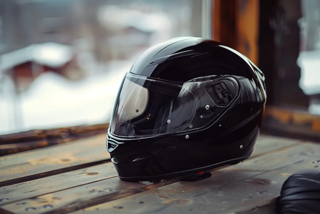 A black snowmobile helmet with a clear visor