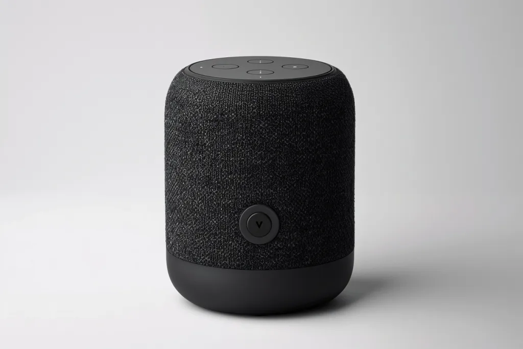 A black speaker with textured fabric material
