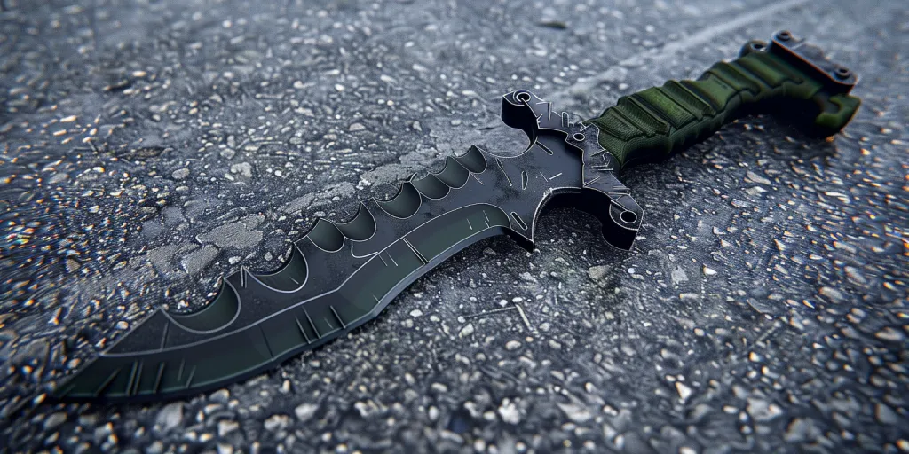 A black steel zombie knife with a green handle