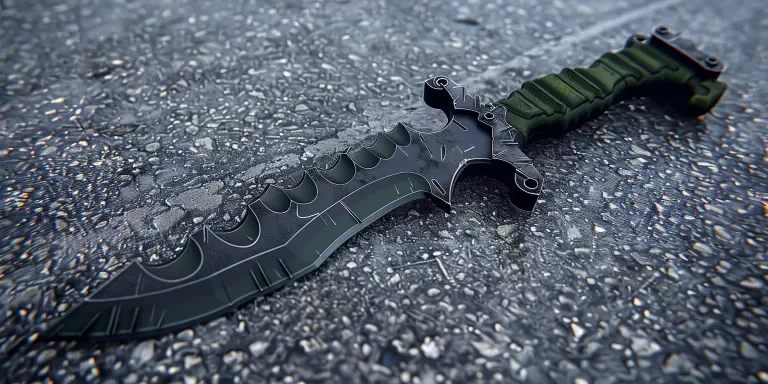 A black steel zombie knife with a green handle