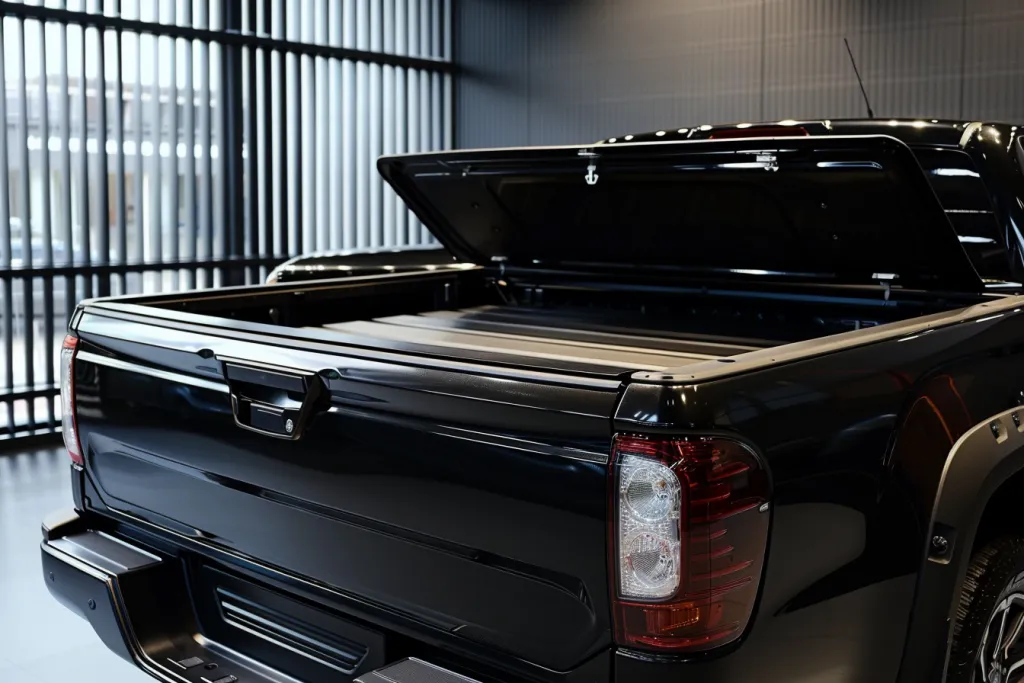 A black tailgate of the pickup truck with an open