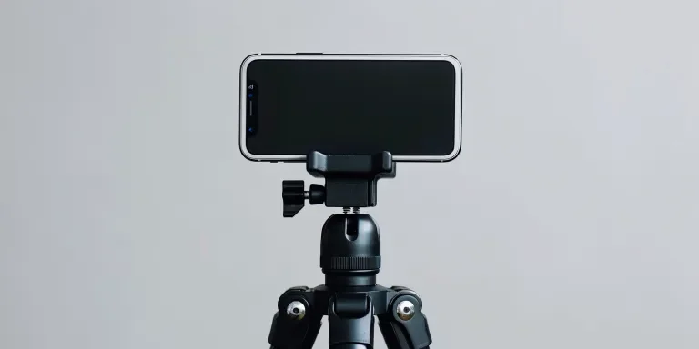 A black tripod with an iPhone on top