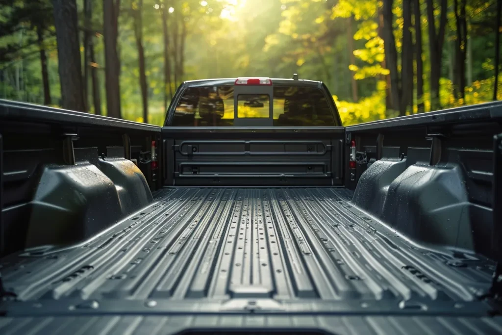 A black truck bed is open and empty