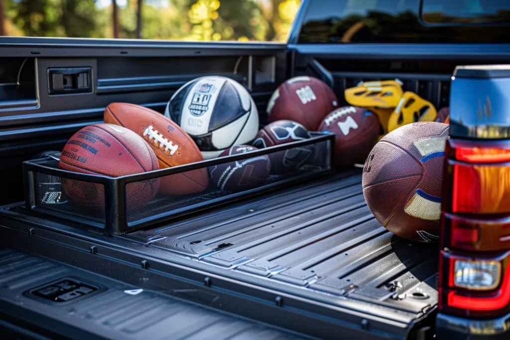 A black truck bed with footballs and other sports equipment in the back of it