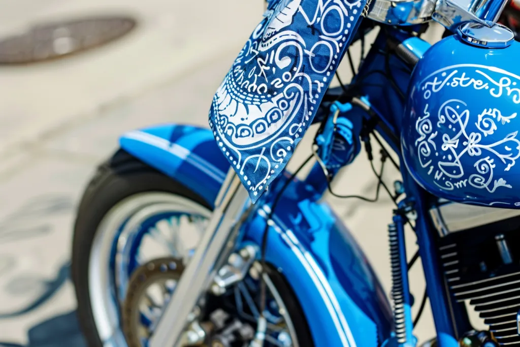 A blue bandana was wrapped around the front wheel of an old motorcycle