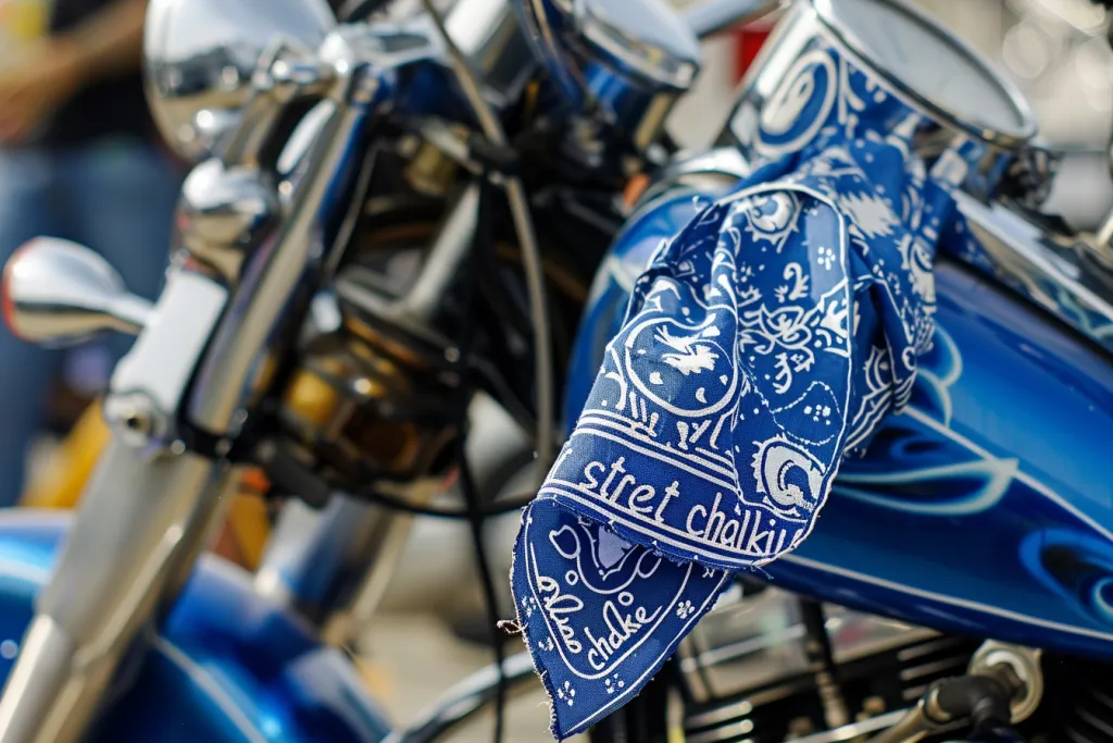 A blue bandana was wrapped around the front wheel of an old school chopper motorcycle