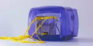 A blue home internet bulldog cabinet