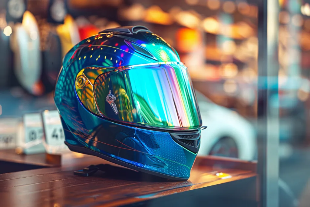 A blue motorcycle helmet with rainbow reflection on the visor