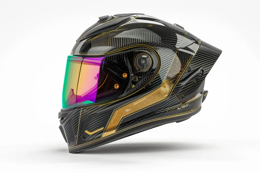 A carbon fiber motorcycle helmet with golden elements