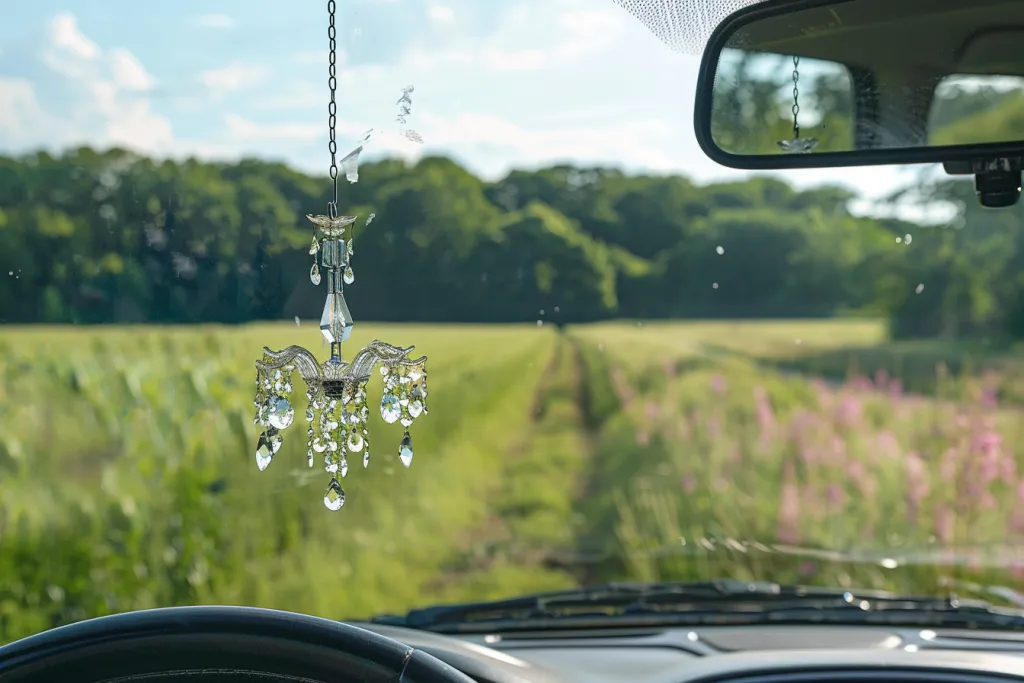 A chandelier crystal car hanging ornament in the rearview mirror of an SUV