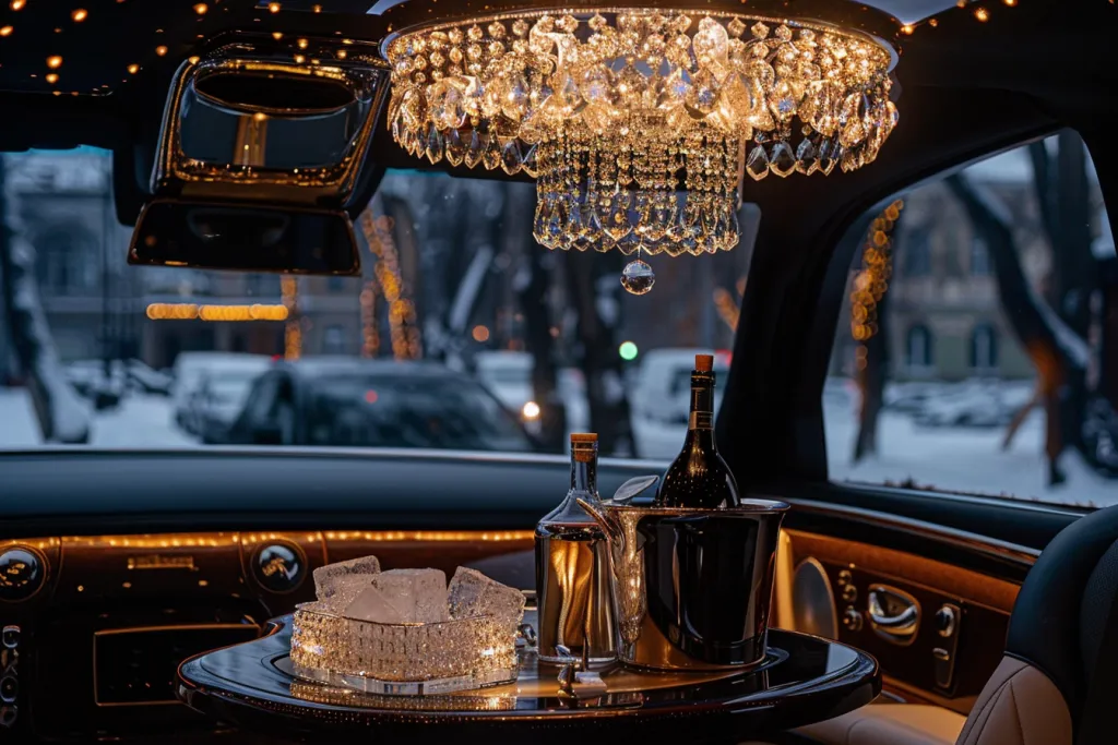 A chandelier hanging from the ceiling of a black limousine
