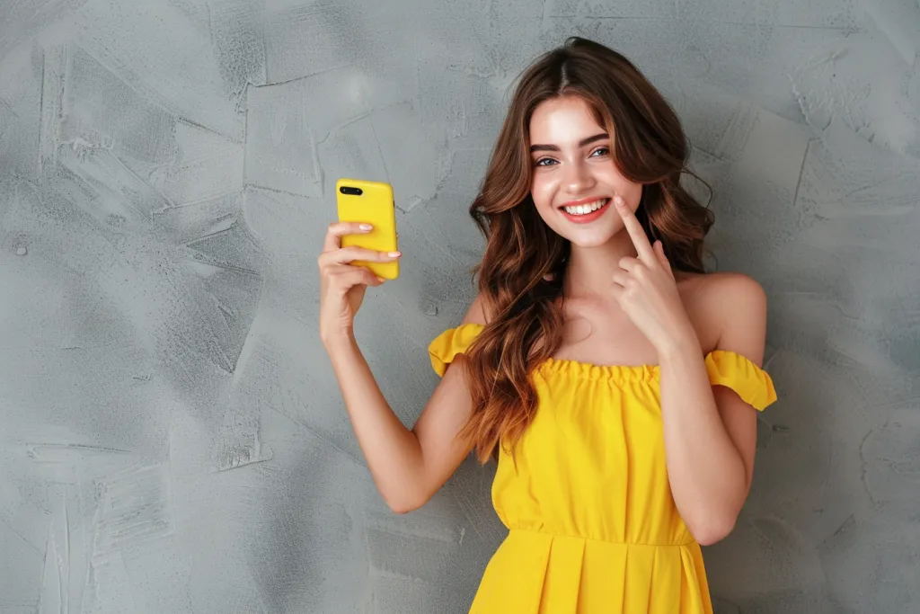 A cheerful young woman in a yellow dress